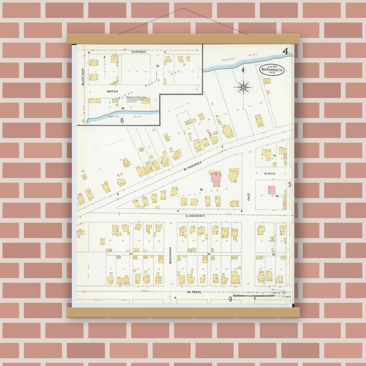 Old map wall art mockup — magnetic wood frame on brick wall — Sanborn Fire Insurance Map from Wapakoneta, Auglaize County, Ohio (1904), Sheet #0004