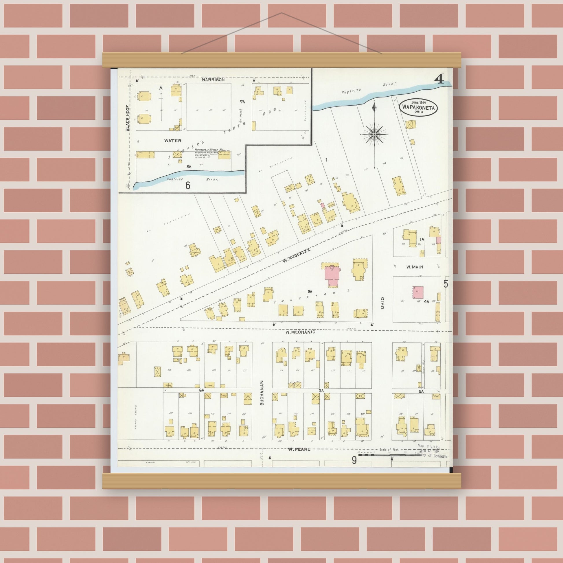 Old map wall art mockup — magnetic wood frame on brick wall — Sanborn Fire Insurance Map from Wapakoneta, Auglaize County, Ohio (1904), Sheet #0004