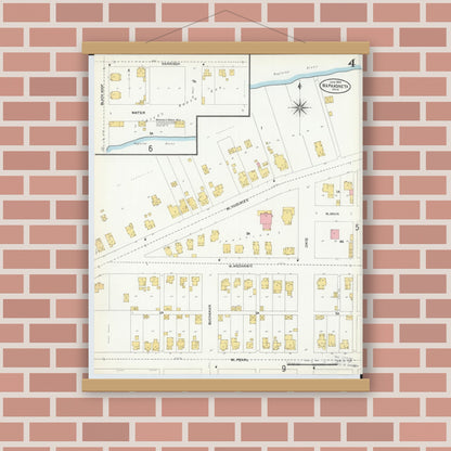 Old map wall art mockup — magnetic wood frame on brick wall — Sanborn Fire Insurance Map from Wapakoneta, Auglaize County, Ohio (1904), Sheet #0004