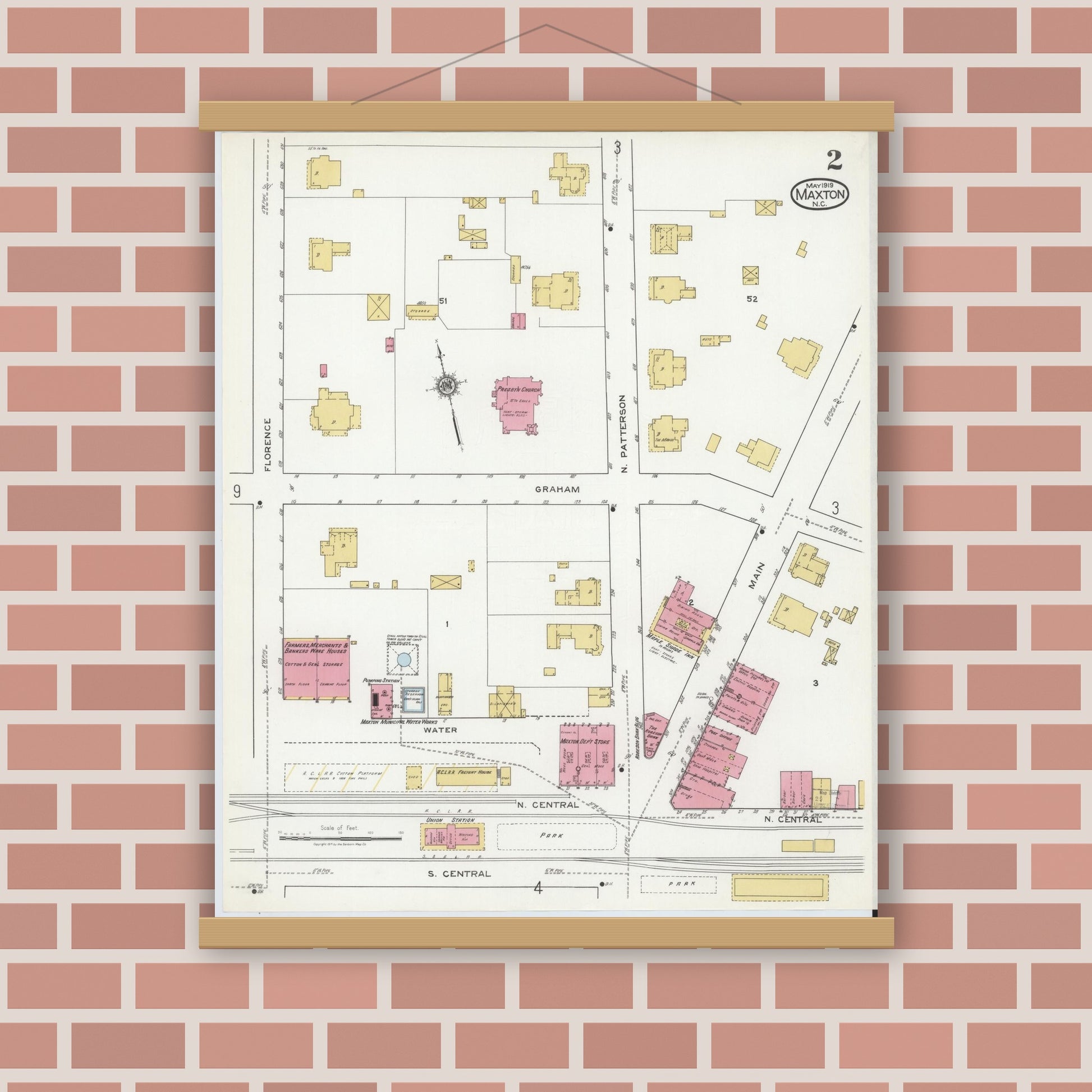 Old map wall art mockup — magnetic wood frame on brick wall — Sanborn Fire Insurance Map from Maxton, Robeson County, North Carolina (1919), Sheet #0002