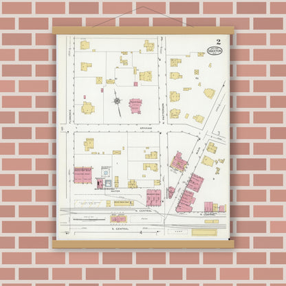 Old map wall art mockup — magnetic wood frame on brick wall — Sanborn Fire Insurance Map from Maxton, Robeson County, North Carolina (1919), Sheet #0002