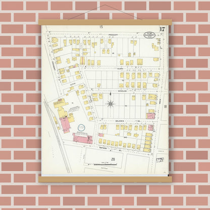 Old map wall art mockup — magnetic wood frame on brick wall — Sanborn Fire Insurance Map from Everett, Middlesex County, Massachusetts (1903), Sheet #0017