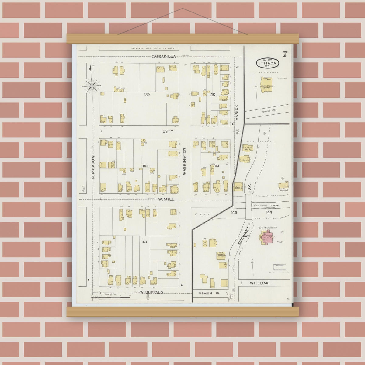 Old map wall art mockup — magnetic wood frame on brick wall — Sanborn Fire Insurance Map from Ithaca, Tompkins County, New York (1893), Sheet #0007
