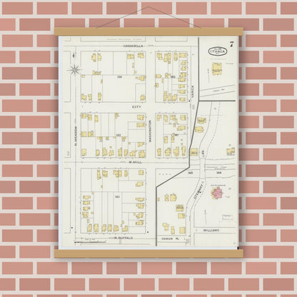 Old map wall art mockup — magnetic wood frame on brick wall — Sanborn Fire Insurance Map from Ithaca, Tompkins County, New York (1893), Sheet #0007