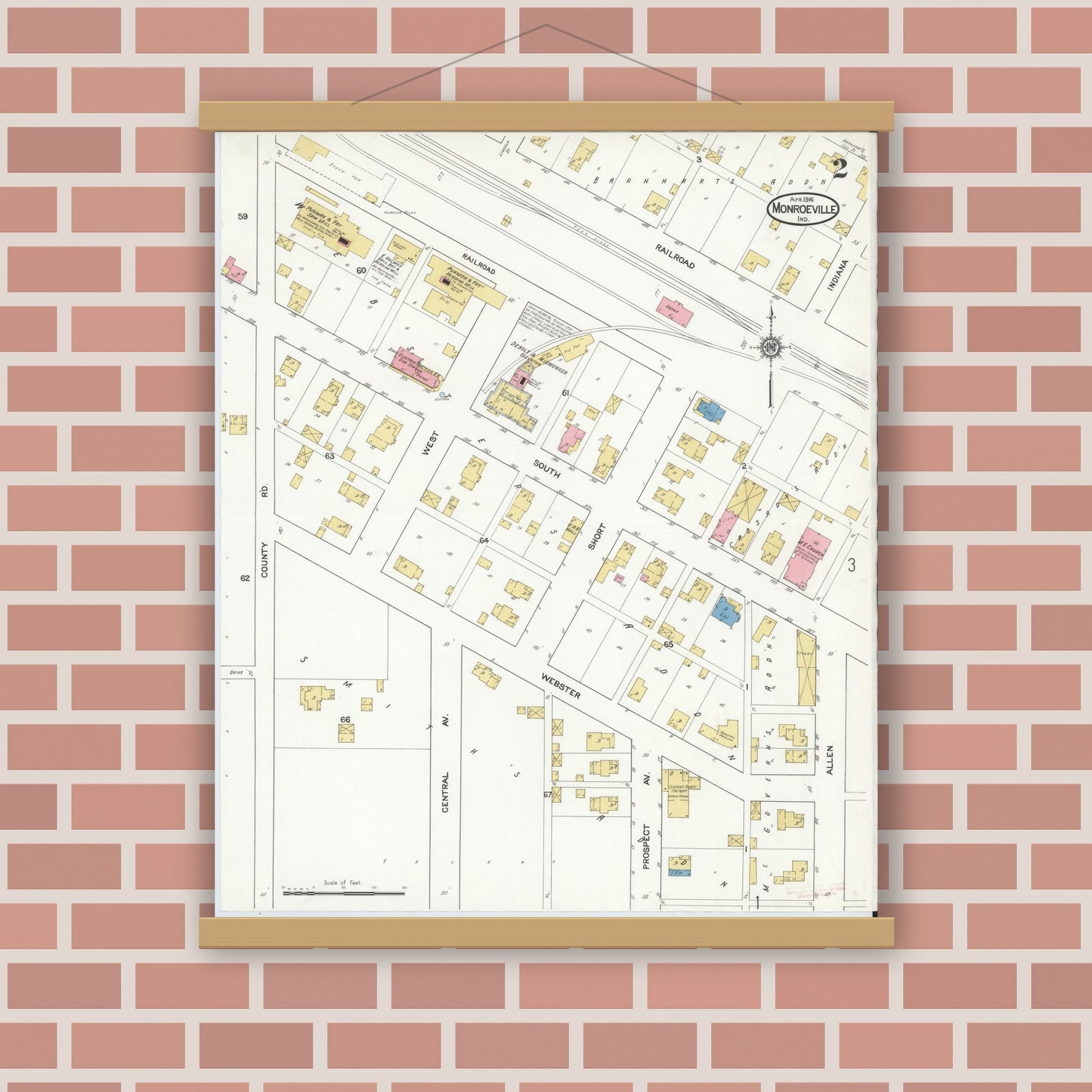 Old map wall art mockup — magnetic wood frame on brick wall — Sanborn Fire Insurance Map from Monroeville, Allen County, Indiana (1916), Sheet #0002