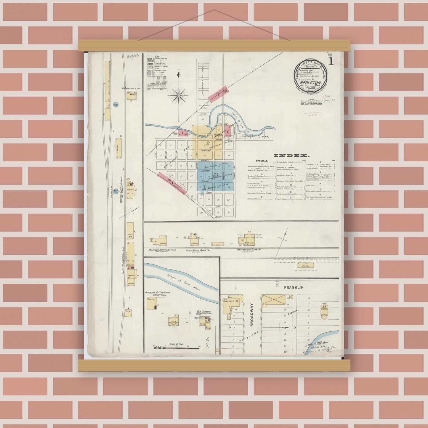 Old map wall art mockup — magnetic wood frame on brick wall — Sanborn Fire Insurance Map from Appleton, Swift County, Minnesota (1894) - Complete Map Set
