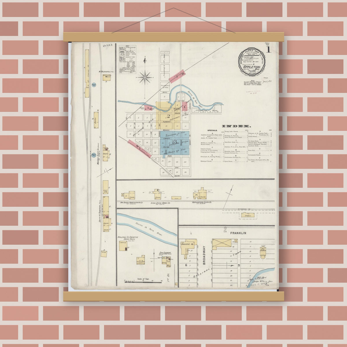 Old map wall art mockup — magnetic wood frame on brick wall — Sanborn Fire Insurance Map from Appleton, Swift County, Minnesota (1894) - Complete Map Set