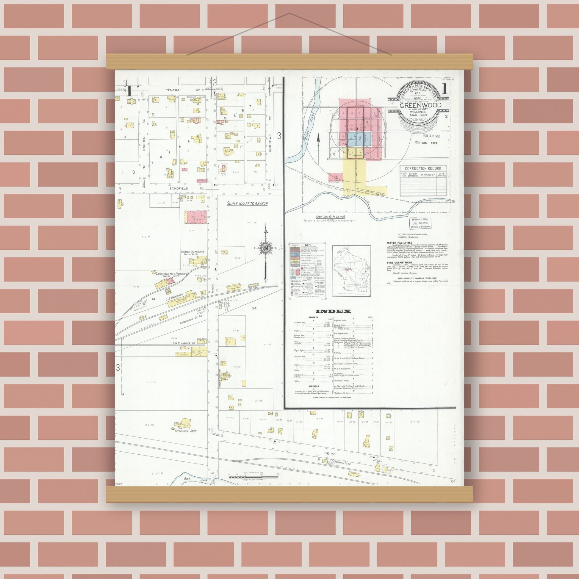 Old map wall art mockup — magnetic wood frame on brick wall — Sanborn Fire Insurance Map from Greenwood, Clark County, Wisconsin (1940), Sheet #0001