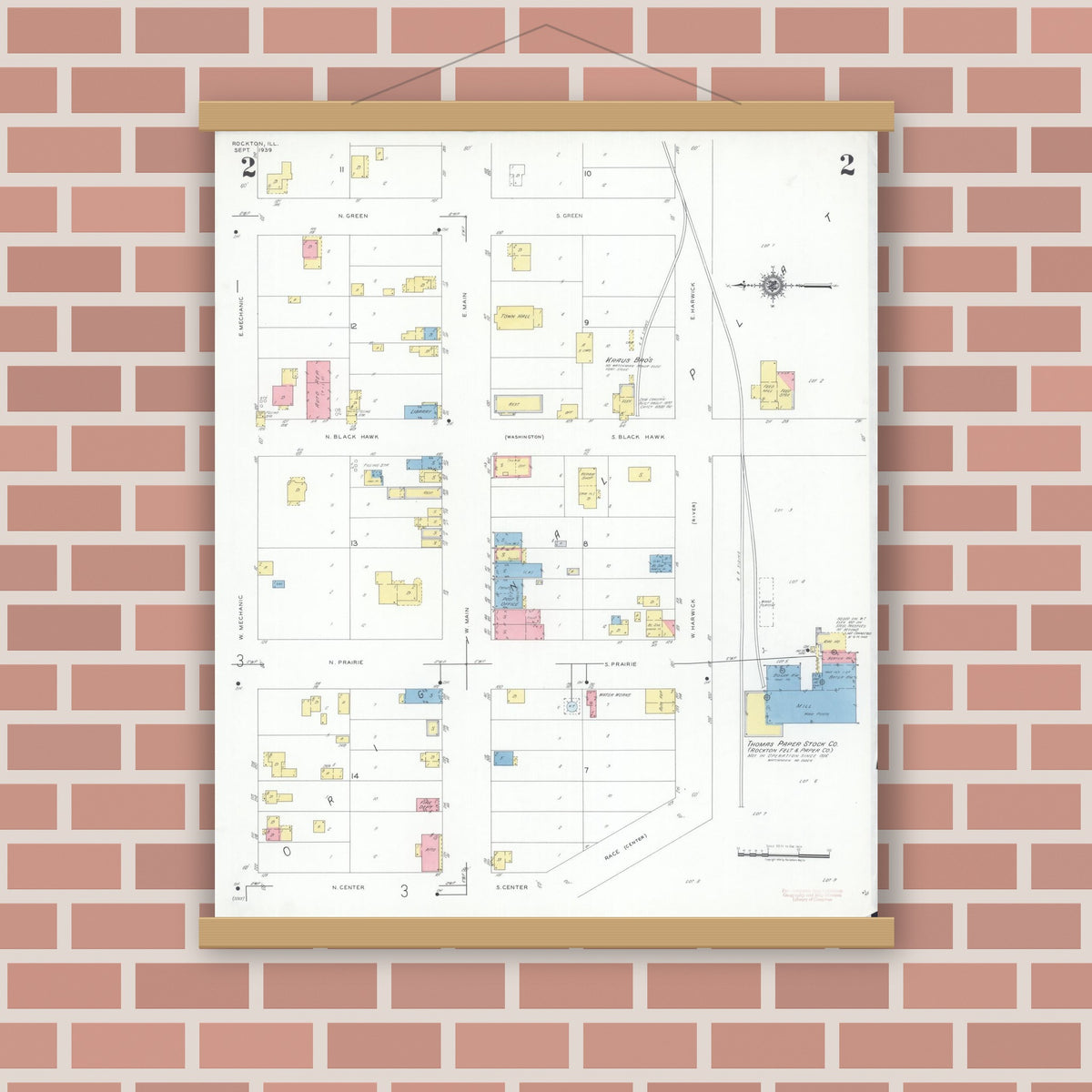 Old map wall art mockup — magnetic wood frame on brick wall — Sanborn Fire Insurance Map from Rockton, Winnebago County, Illinois (1939), Sheet #0002