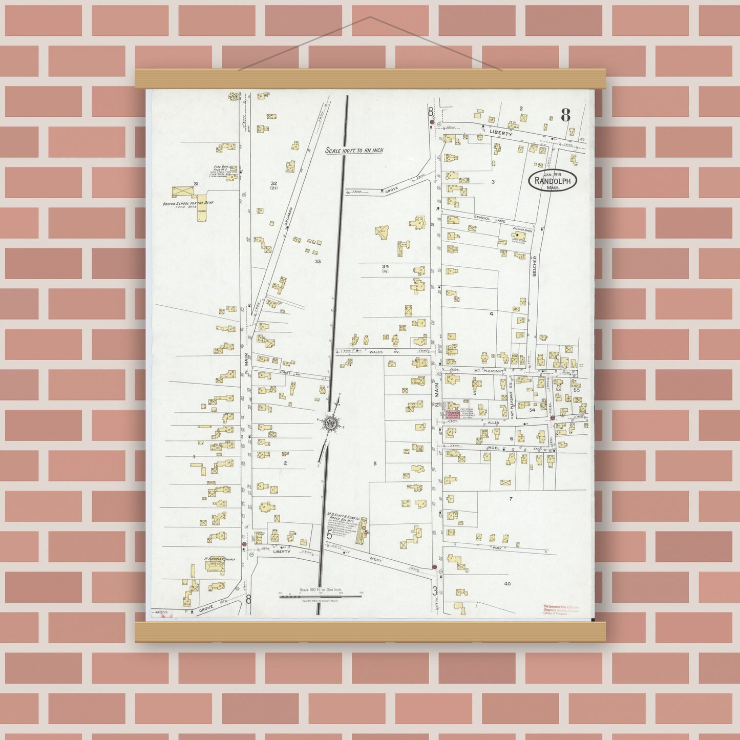 Old map wall art mockup — magnetic wood frame on brick wall — Sanborn Fire Insurance Map from Randolph, Norfolk County, Massachusetts (1919), Sheet #0008