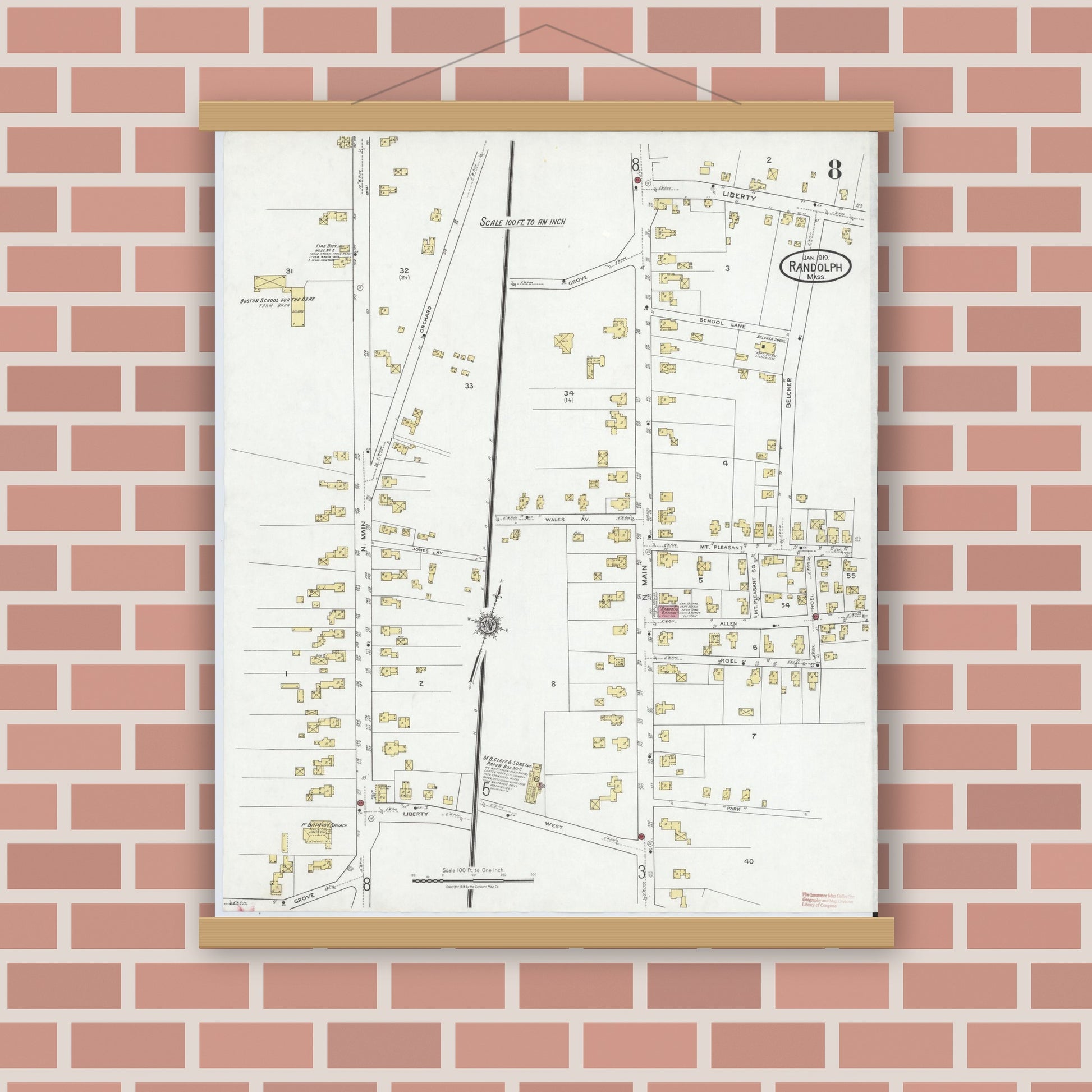 Old map wall art mockup — magnetic wood frame on brick wall — Sanborn Fire Insurance Map from Randolph, Norfolk County, Massachusetts (1919), Sheet #0008