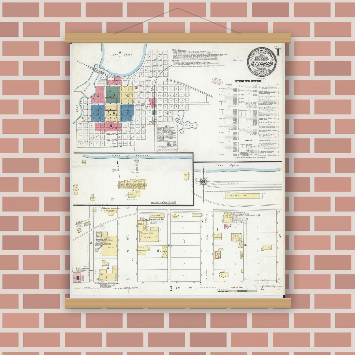 Old map wall art mockup — magnetic wood frame on brick wall — Sanborn Fire Insurance Map from Alexandria, Douglas County, Minnesota (1909), Sheet #0001
