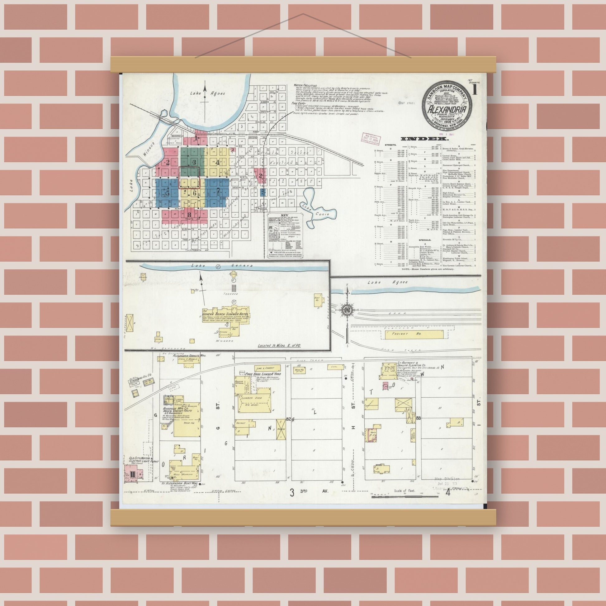 Old map wall art mockup — magnetic wood frame on brick wall — Sanborn Fire Insurance Map from Alexandria, Douglas County, Minnesota (1909), Sheet #0001