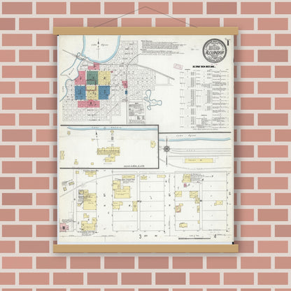 Old map wall art mockup — magnetic wood frame on brick wall — Sanborn Fire Insurance Map from Alexandria, Douglas County, Minnesota (1909), Sheet #0001