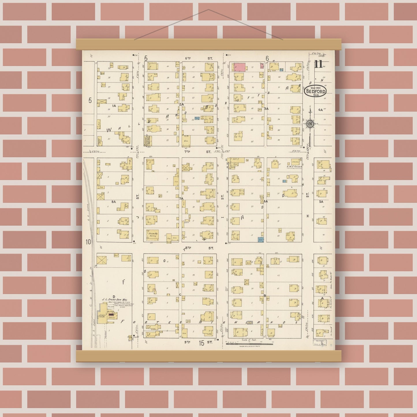 Old map wall art mockup — magnetic wood frame on brick wall — Sanborn Fire Insurance Map from Bedford, Lawrence County, Indiana (1922), Sheet #0011