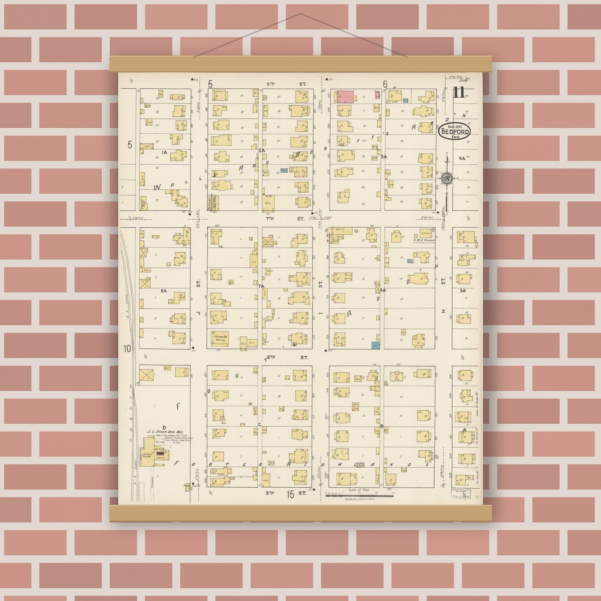 Old map wall art mockup — magnetic wood frame on brick wall — Sanborn Fire Insurance Map from Bedford, Lawrence County, Indiana (1922), Sheet #0011