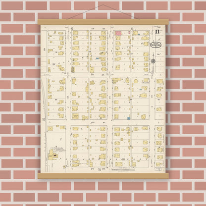 Old map wall art mockup — magnetic wood frame on brick wall — Sanborn Fire Insurance Map from Bedford, Lawrence County, Indiana (1922), Sheet #0011