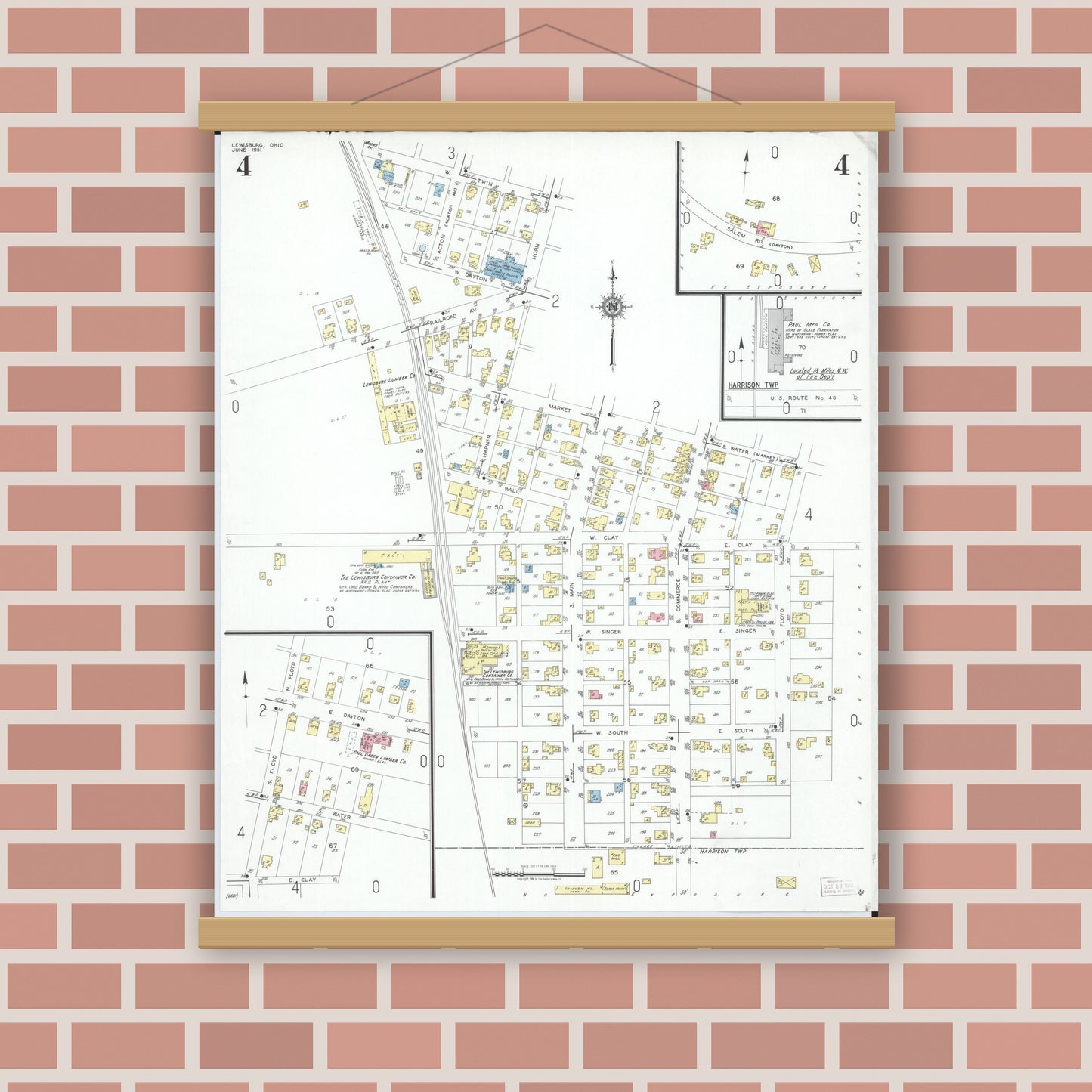 Old map wall art mockup — magnetic wood frame on brick wall — Sanborn Fire Insurance Map from Lewisburg, Preble County, Ohio (1951), Sheet #0004