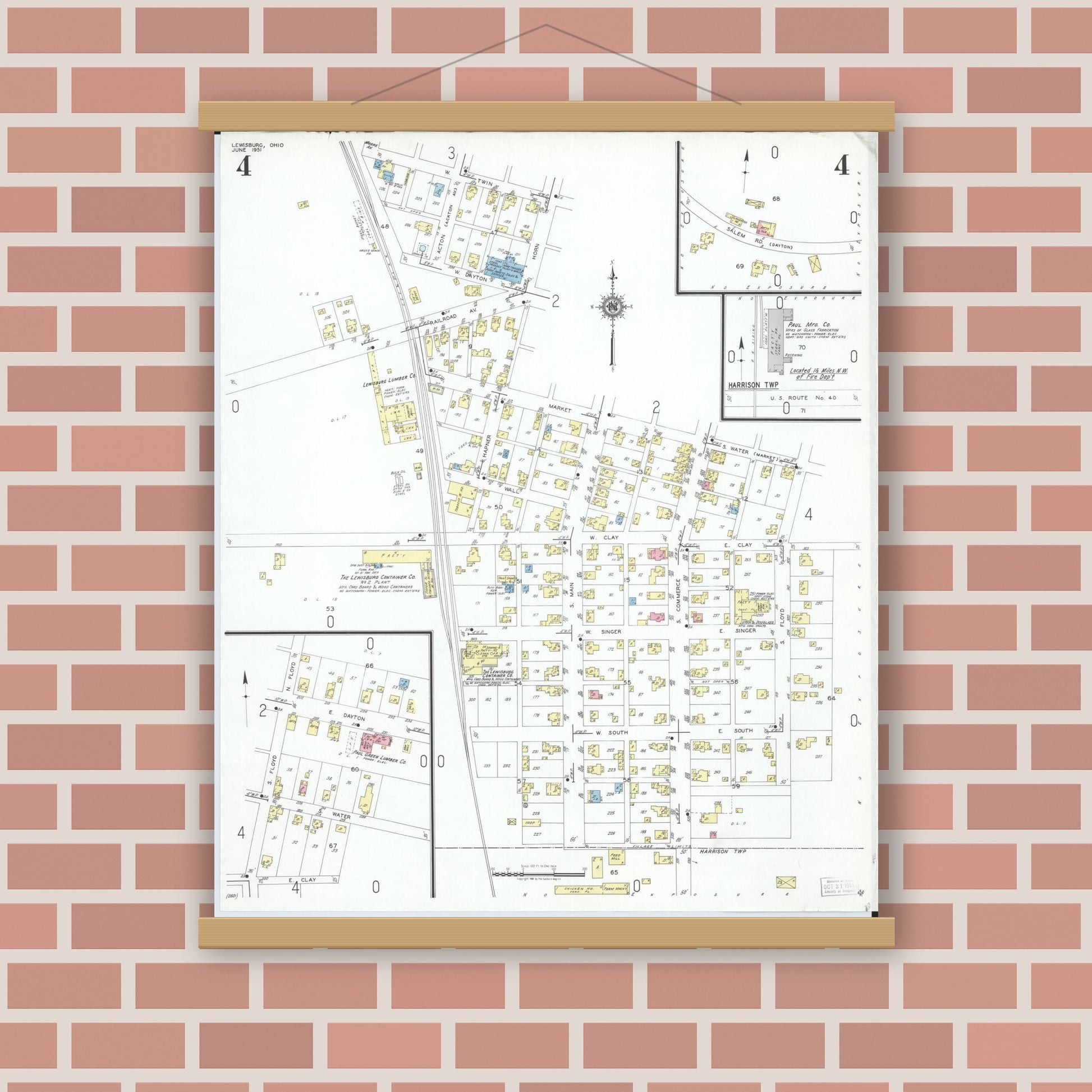 Old map wall art mockup — magnetic wood frame on brick wall — Sanborn Fire Insurance Map from Lewisburg, Preble County, Ohio (1951), Sheet #0004