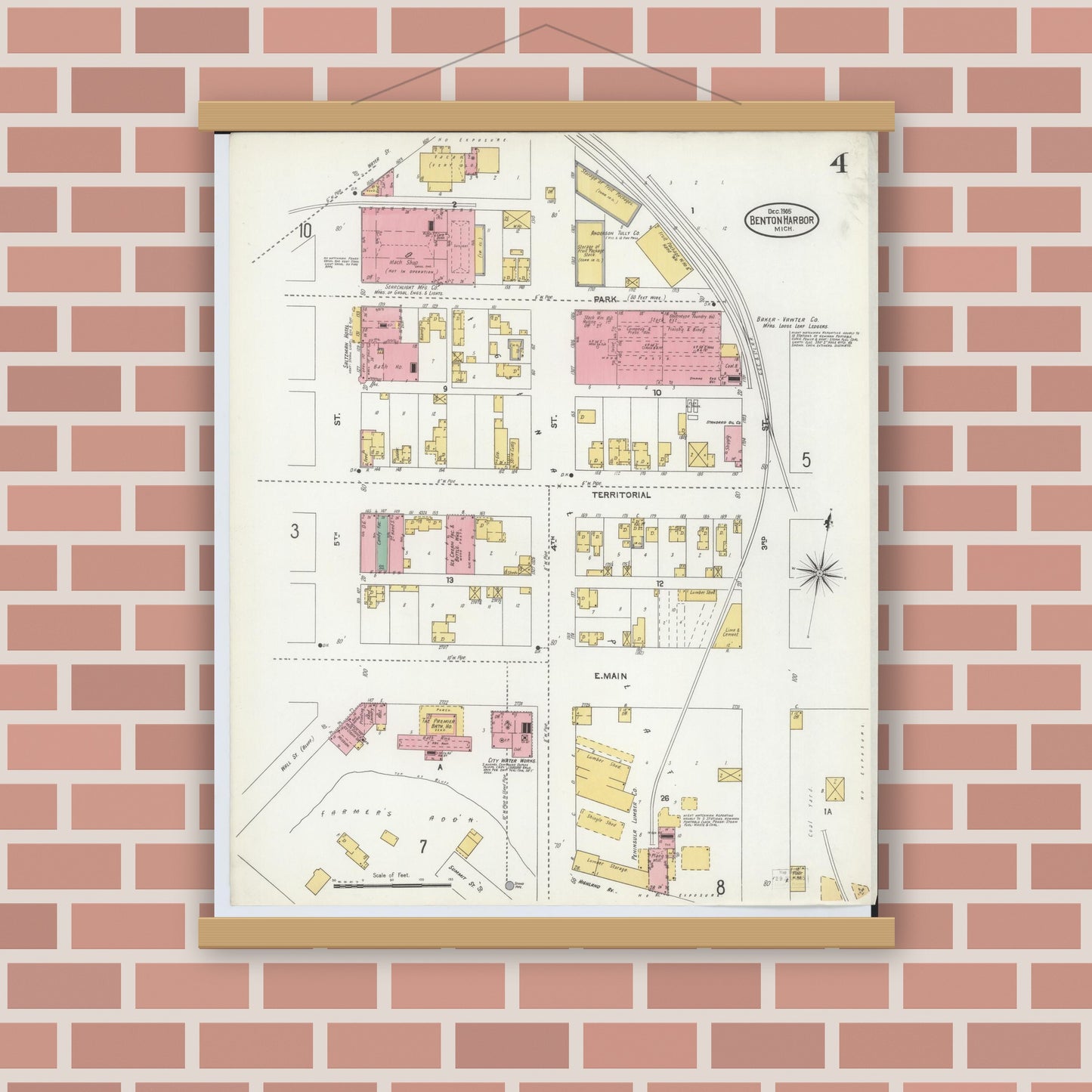 Old map wall art mockup — magnetic wood frame on brick wall — Sanborn Fire Insurance Map from Benton Harbor, Berrien County, Michigan (1905), Sheet #0004