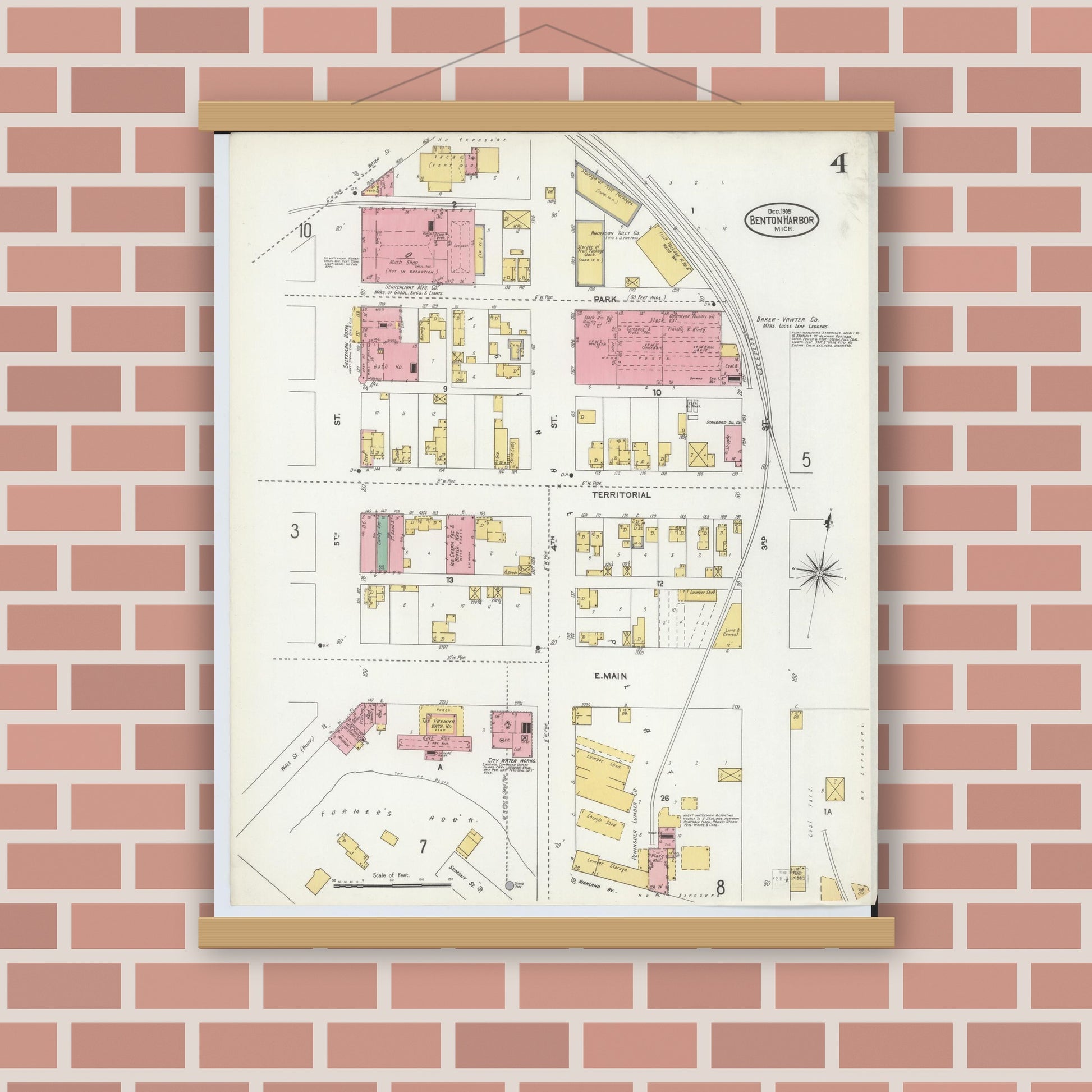Old map wall art mockup — magnetic wood frame on brick wall — Sanborn Fire Insurance Map from Benton Harbor, Berrien County, Michigan (1905), Sheet #0004