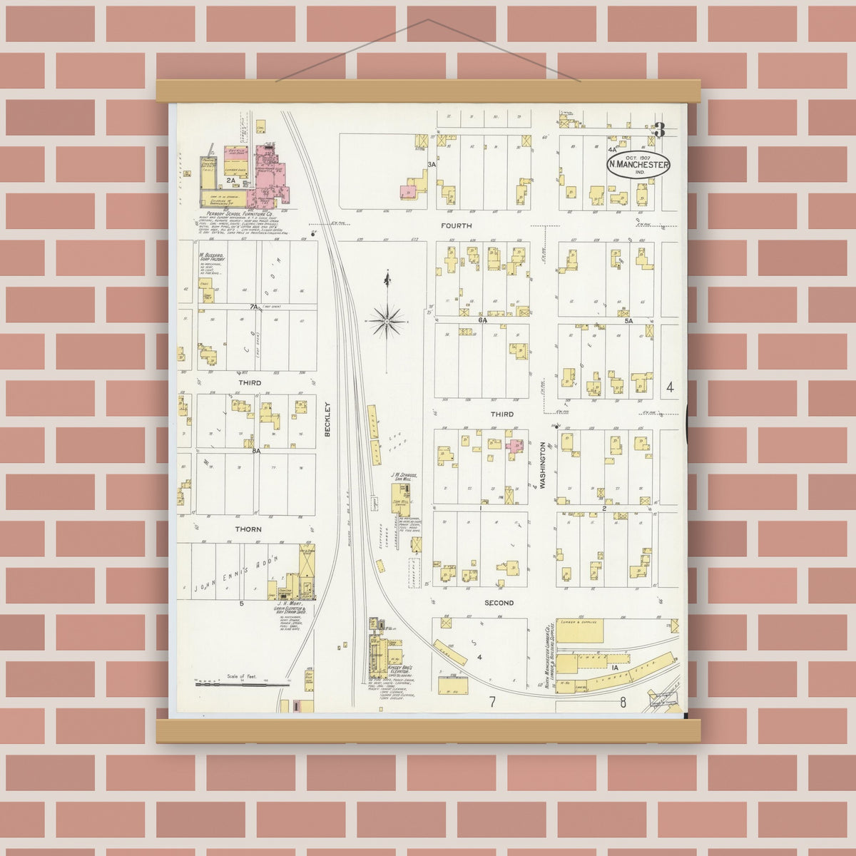 Old map wall art mockup — magnetic wood frame on brick wall — Sanborn Fire Insurance Map from North Manchester, Wabash County, Indiana (1907), Sheet #0003