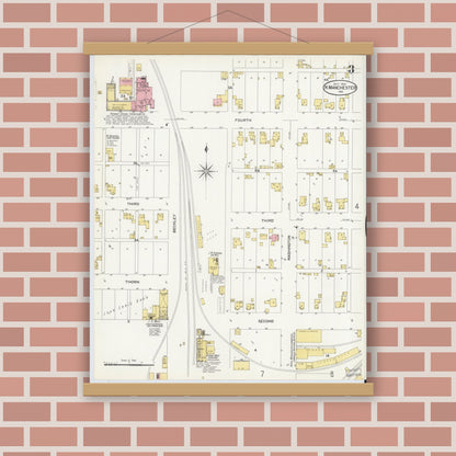 Old map wall art mockup — magnetic wood frame on brick wall — Sanborn Fire Insurance Map from North Manchester, Wabash County, Indiana (1907), Sheet #0003