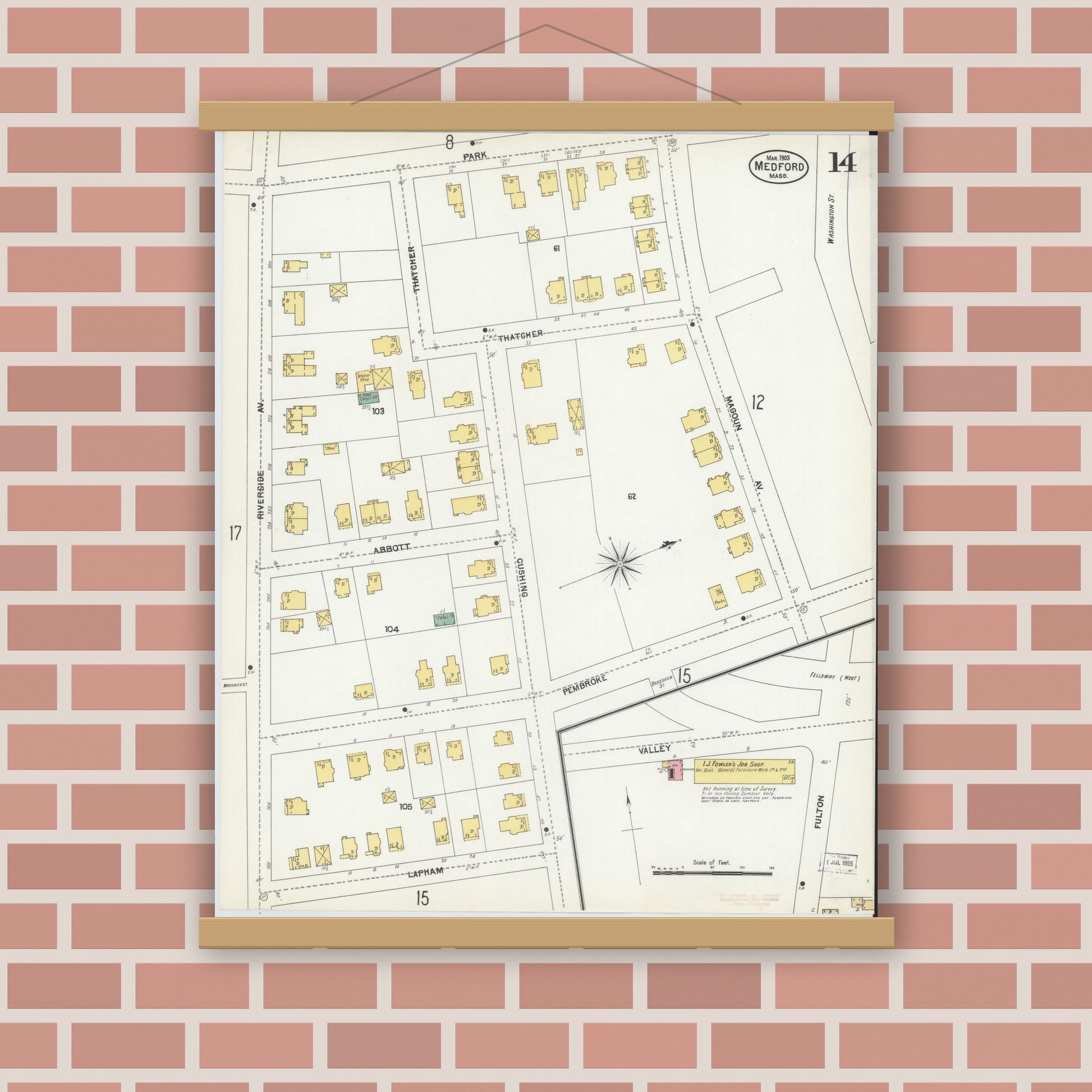 Old map wall art mockup — magnetic wood frame on brick wall — Sanborn Fire Insurance Map from Medford, Middlesex County, Massachusetts (1903), Sheet #0014
