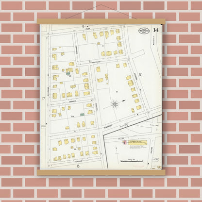 Old map wall art mockup — magnetic wood frame on brick wall — Sanborn Fire Insurance Map from Medford, Middlesex County, Massachusetts (1903), Sheet #0014