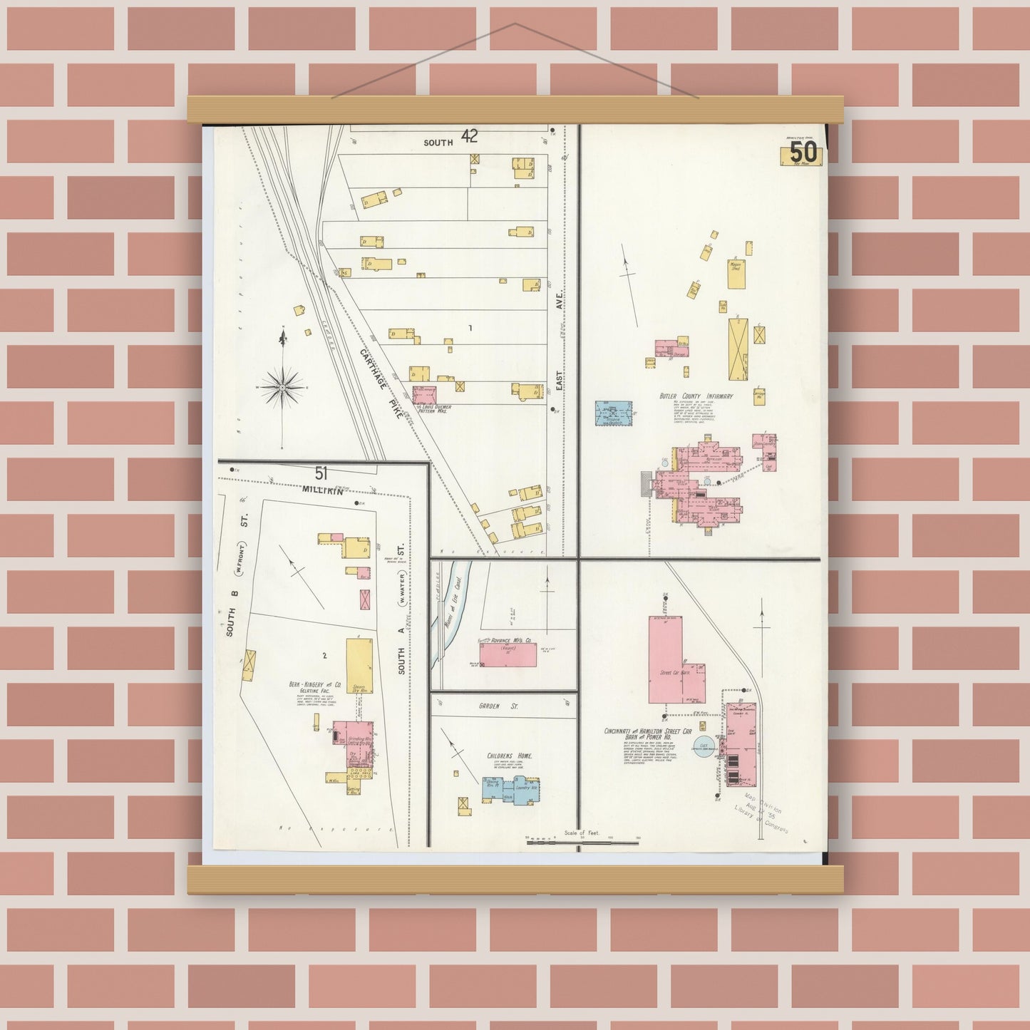 Old map wall art mockup — magnetic wood frame on brick wall — Sanborn Fire Insurance Map from Hamilton, Butler County, Ohio (1899), Sheet #0050