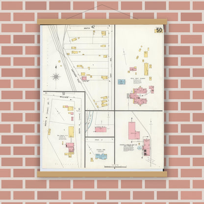 Old map wall art mockup — magnetic wood frame on brick wall — Sanborn Fire Insurance Map from Hamilton, Butler County, Ohio (1899), Sheet #0050