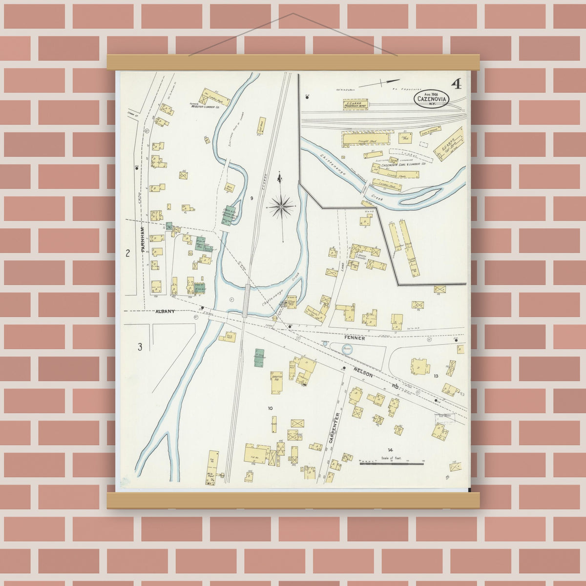 Old map wall art mockup — magnetic wood frame on brick wall — Sanborn Fire Insurance Map from Cazenovia, Madison County, New York (1906), Sheet #0004