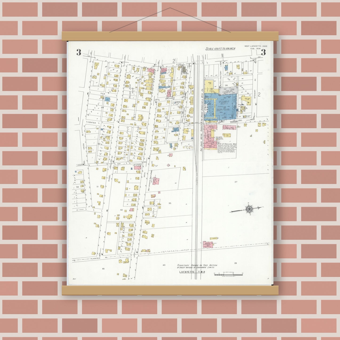 Old map wall art mockup — magnetic wood frame on brick wall — Sanborn Fire Insurance Map from West Lafayette, Coshocton County, Ohio (1939), Sheet #0003