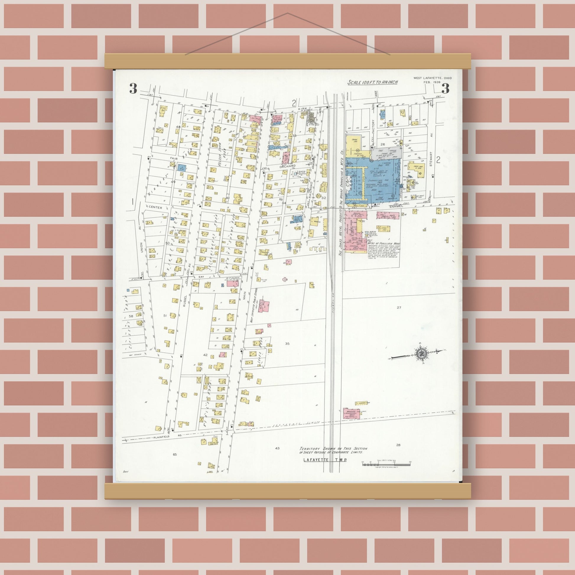 Old map wall art mockup — magnetic wood frame on brick wall — Sanborn Fire Insurance Map from West Lafayette, Coshocton County, Ohio (1939), Sheet #0003