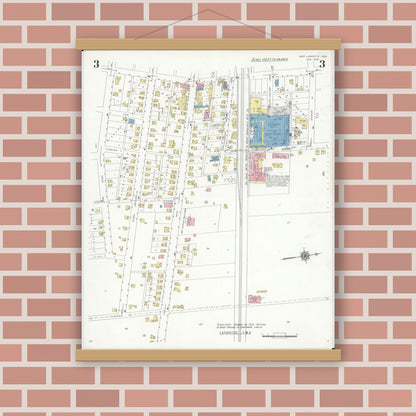 Old map wall art mockup — magnetic wood frame on brick wall — Sanborn Fire Insurance Map from West Lafayette, Coshocton County, Ohio (1939), Sheet #0003