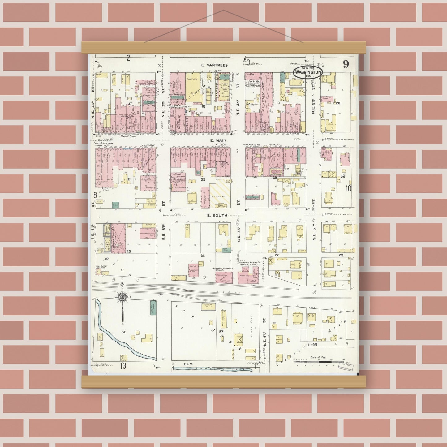 Old map wall art mockup — magnetic wood frame on brick wall — Sanborn Fire Insurance Map from Washington, Daviess County, Indiana (1909), Sheet #0009