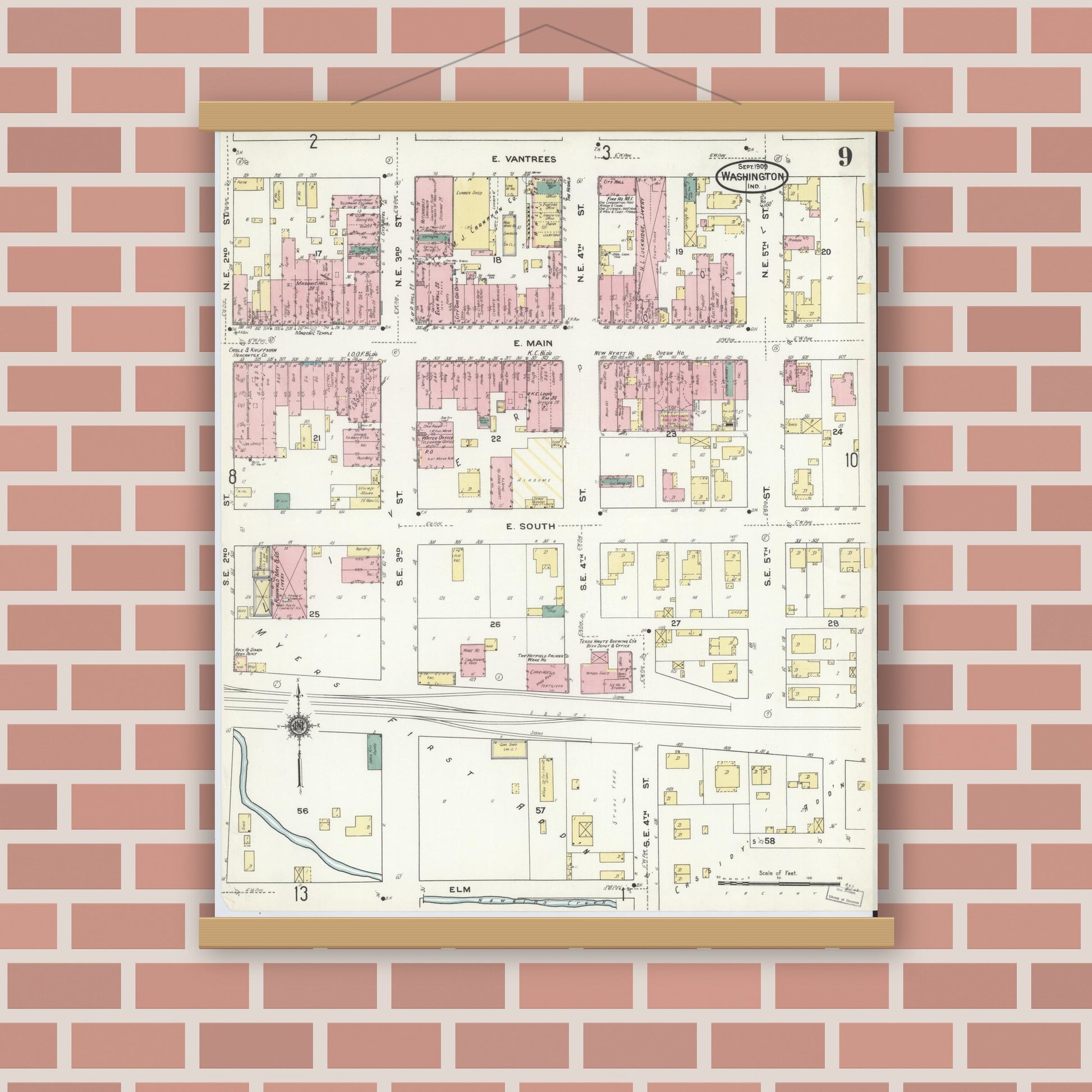 Old map wall art mockup — magnetic wood frame on brick wall — Sanborn Fire Insurance Map from Washington, Daviess County, Indiana (1909), Sheet #0009