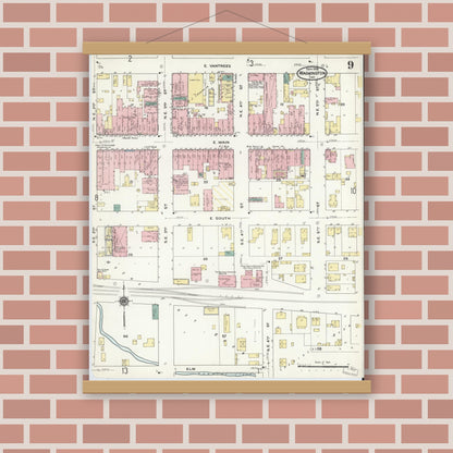Old map wall art mockup — magnetic wood frame on brick wall — Sanborn Fire Insurance Map from Washington, Daviess County, Indiana (1909), Sheet #0009
