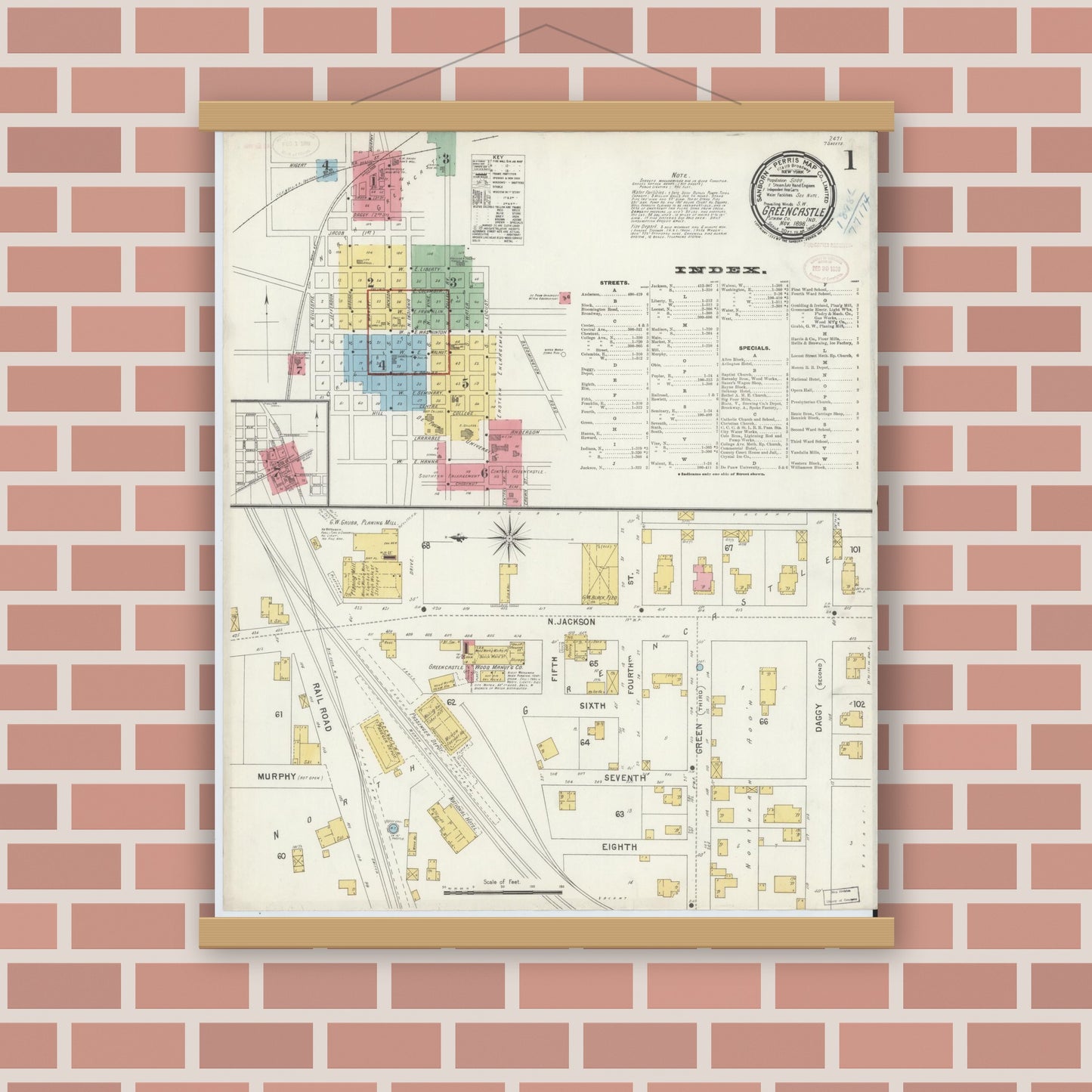 Old map wall art mockup — magnetic wood frame on brick wall — Sanborn Fire Insurance Map from Greencastle, Putnam County, Indiana (1898) - Complete Map Set