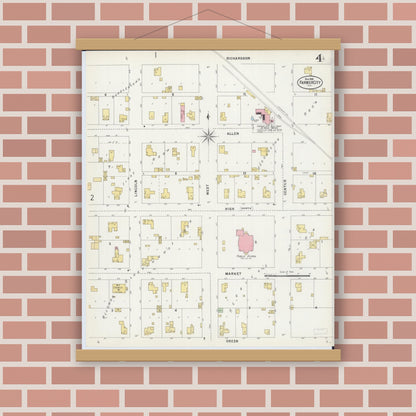 Old map wall art mockup — magnetic wood frame on brick wall — Sanborn Fire Insurance Map from Farmer City, De Witt County, Illinois (1898), Sheet #0004