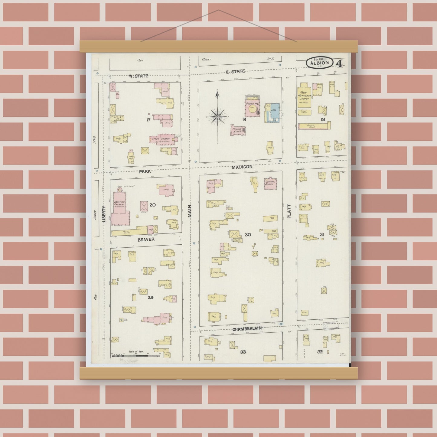 Old map wall art mockup — magnetic wood frame on brick wall — Sanborn Fire Insurance Map from Albion, Orleans County, New York (1889), Sheet #0004