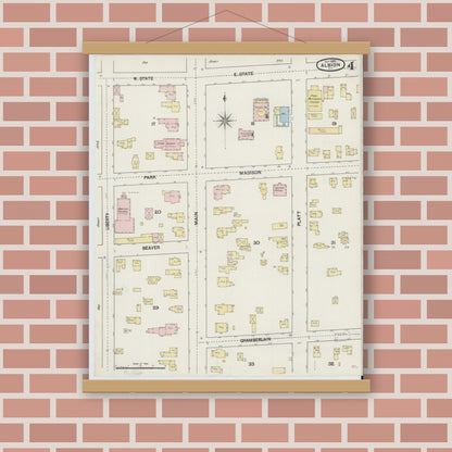 Old map wall art mockup — magnetic wood frame on brick wall — Sanborn Fire Insurance Map from Albion, Orleans County, New York (1889), Sheet #0004