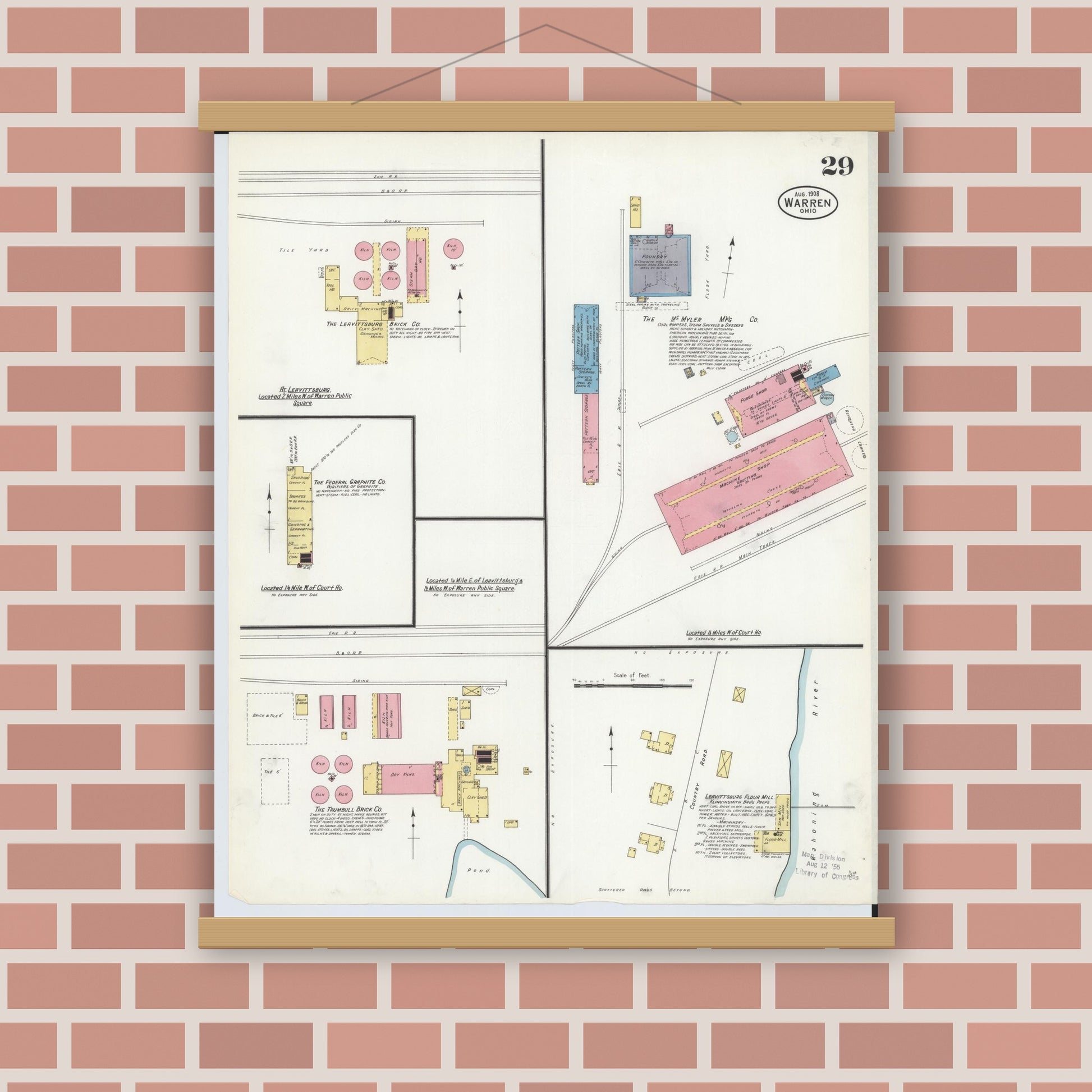 Old map wall art mockup — magnetic wood frame on brick wall — Sanborn Fire Insurance Map from Warren, Trumbull County, Ohio (1908), Sheet #0029