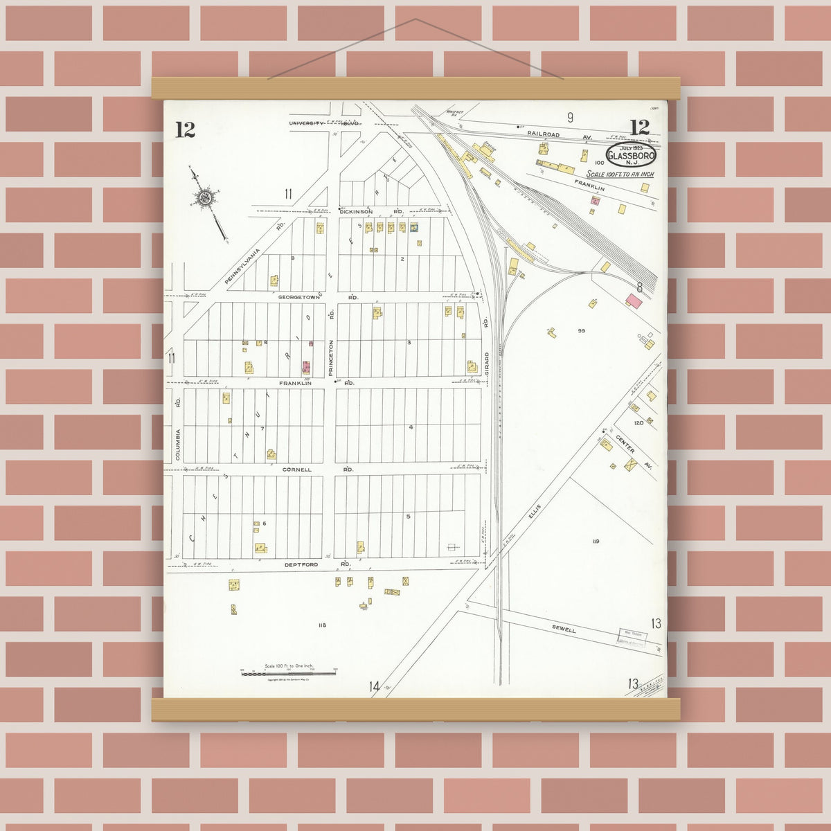 Old map wall art mockup — magnetic wood frame on brick wall — Sanborn Fire Insurance Map from Glassboro, Gloucester County, New Jersey (1923), Sheet #0012