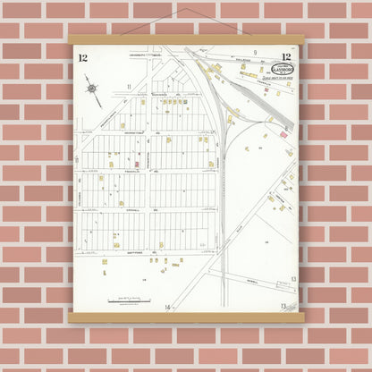 Old map wall art mockup — magnetic wood frame on brick wall — Sanborn Fire Insurance Map from Glassboro, Gloucester County, New Jersey (1923), Sheet #0012