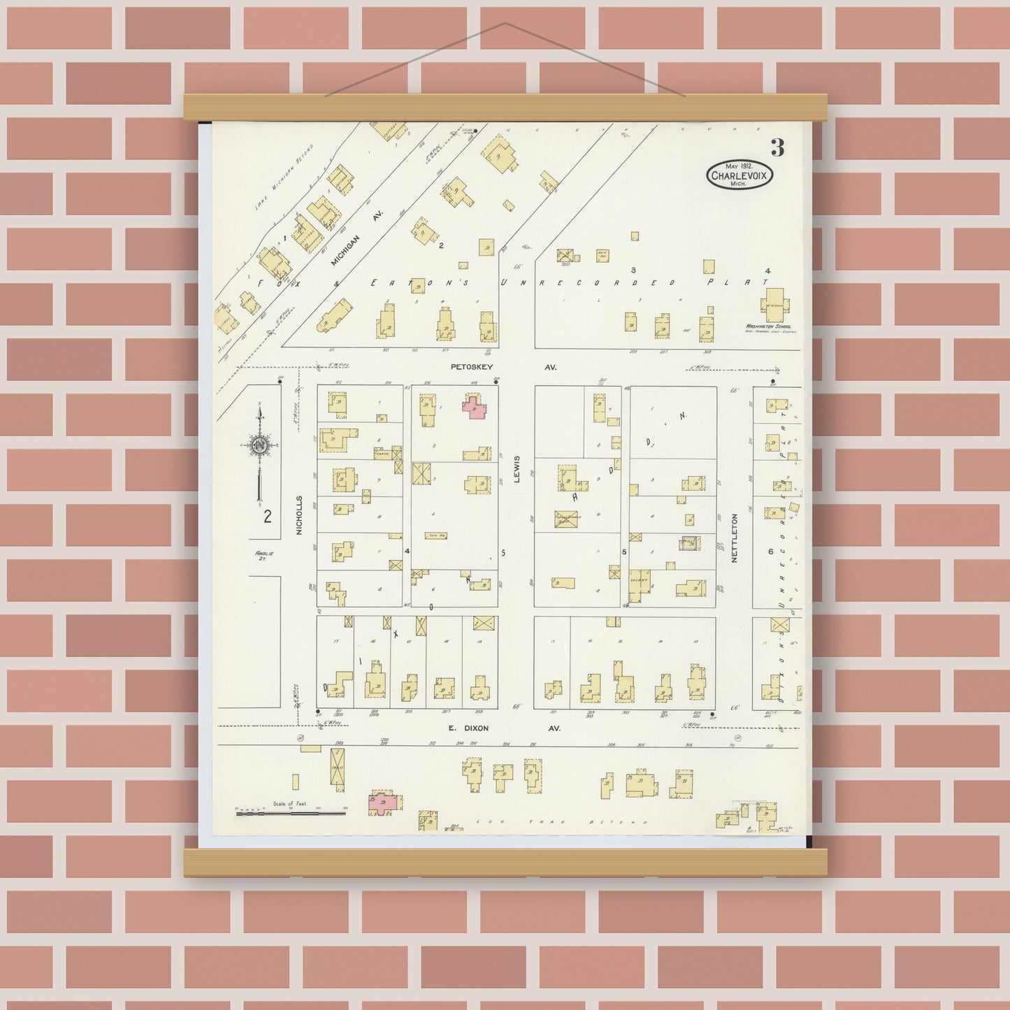 Old map wall art mockup — magnetic wood frame on brick wall — Sanborn Fire Insurance Map from Charlevoix, Charlevoix County, Michigan (1912), Sheet #0003