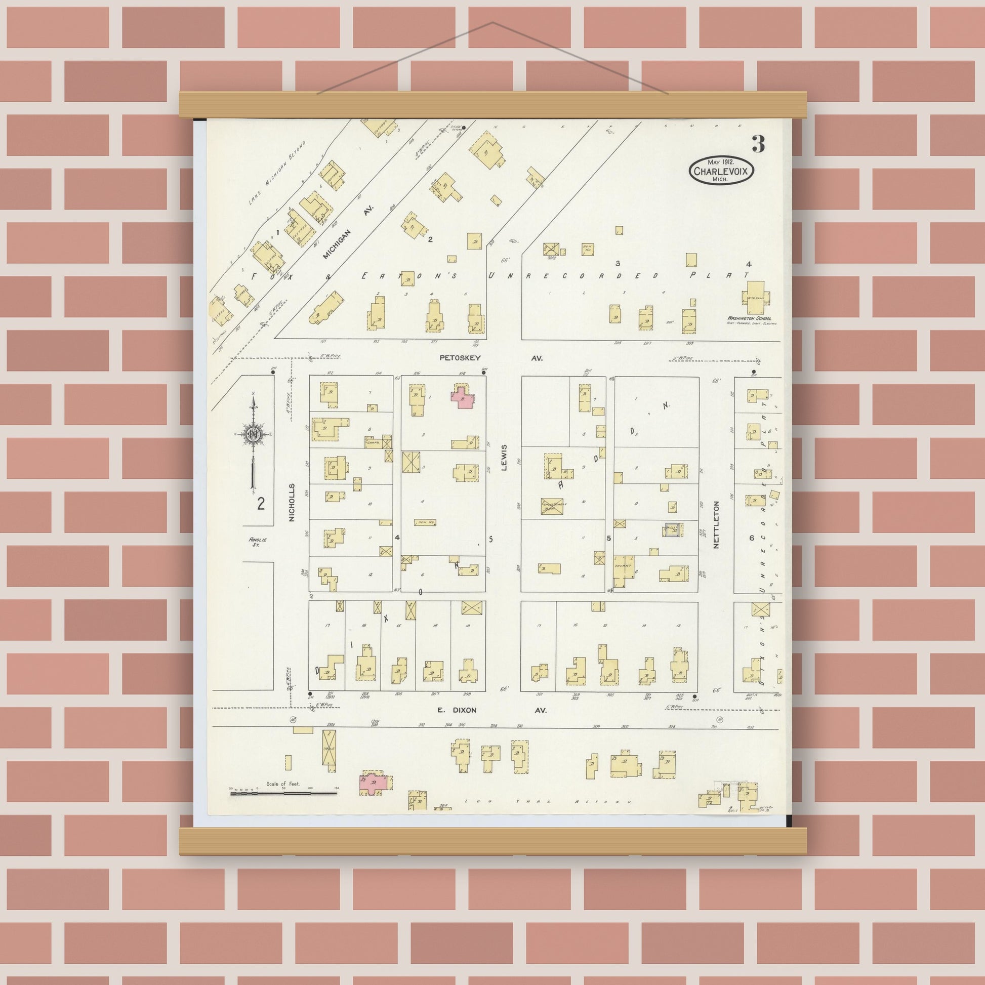 Old map wall art mockup — magnetic wood frame on brick wall — Sanborn Fire Insurance Map from Charlevoix, Charlevoix County, Michigan (1912), Sheet #0003