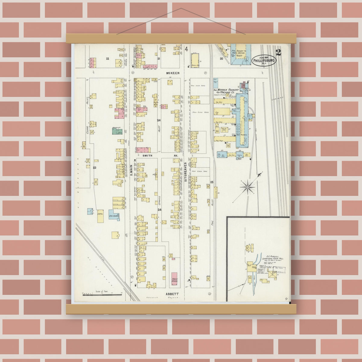 Old map wall art mockup — magnetic wood frame on brick wall — Sanborn Fire Insurance Map from Phillipsburg, Warren County, New Jersey (1897) - Complete Map Set