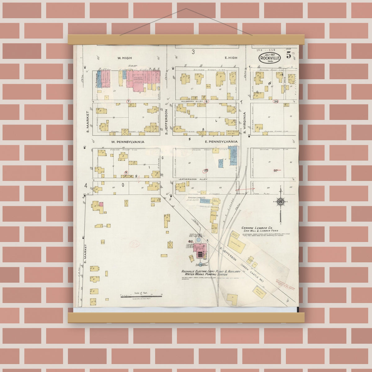 Old map wall art mockup — magnetic wood frame on brick wall — Sanborn Fire Insurance Map from Rockville, Parke County, Indiana (1932), Sheet #0005