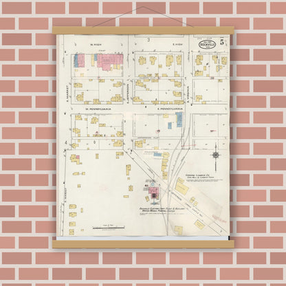 Old map wall art mockup — magnetic wood frame on brick wall — Sanborn Fire Insurance Map from Rockville, Parke County, Indiana (1932), Sheet #0005